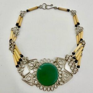 Boho Green Stone Wire Wrapped Silver Tons Handmade Bracelet